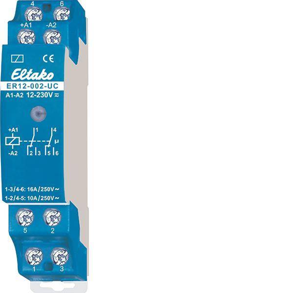 Ein blauer Eltako ER12-002-UC-Relais mit Schraubklemmen für elektrische Verbindungen, mit Markierungen für Spulen- und Kontaktverbindungen.