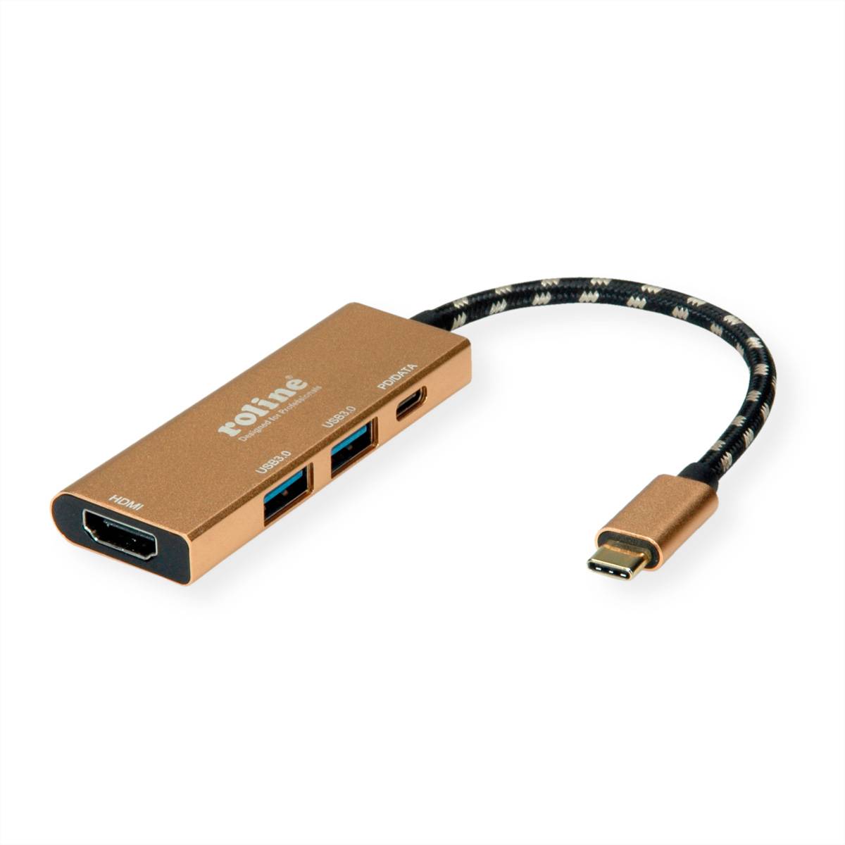 ROLINE GOLD USB Typ C Dockingstation, HDMI 4K, 2x USB 3.2 Gen 1, 1x PD Adapter, Terminatoren,