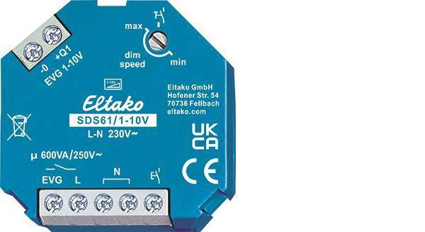 Ein blauer Dimmerschalter mit der Bezeichnung „eltako