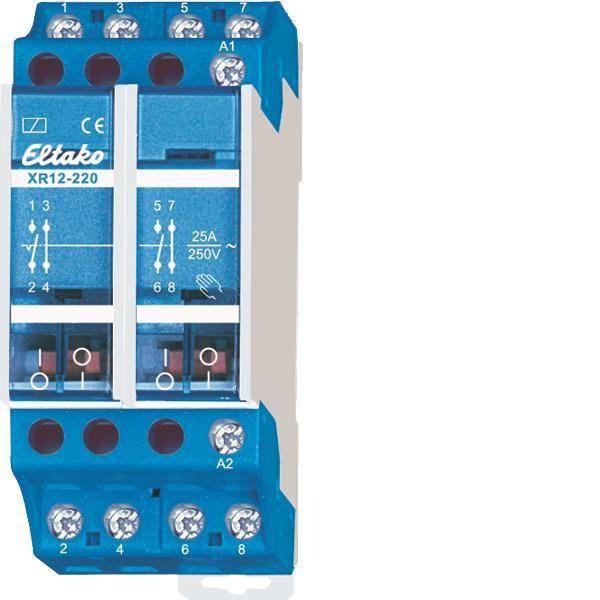 Ein Elektroschalter-Relais mit blauem Gehäuse, gekennzeichnet mit „Eltako XR12-220