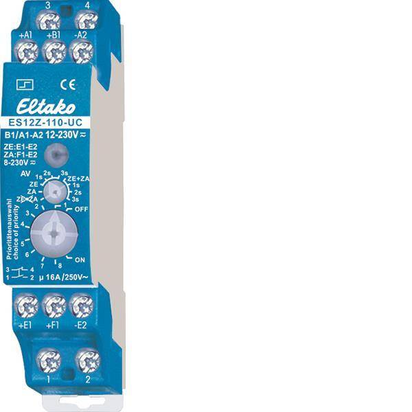 Blaues Relaisschaltgerät gekennzeichnet als 'Eltako E12Z-110-UC', mit Angabe von elektrischen Anschlüssen und Spezifikationen.
