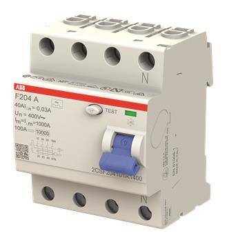 Ein weißer Leitungsschutzschalter mit blauem Schalter und der Bezeichnung „F204 A