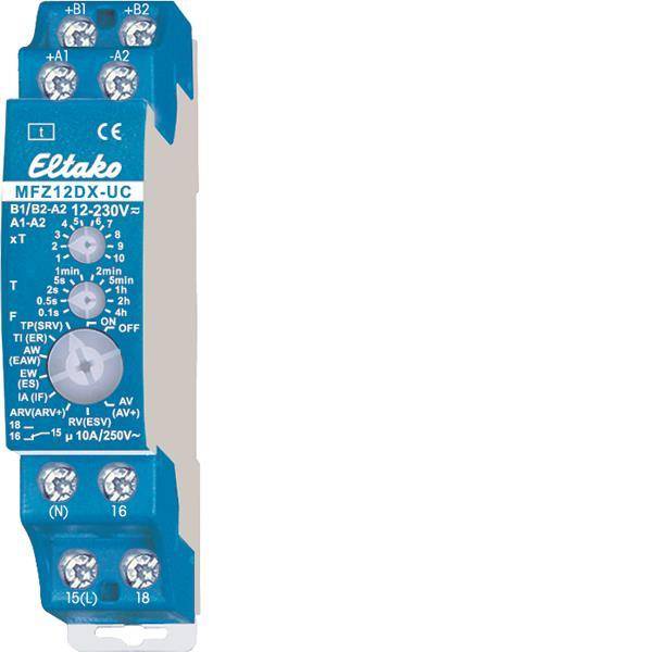 Blaues Relaisschaltmodul mit verschiedenen Timern und Einstellungen, einschließlich Drehschaltern für Zeitintervalle von 0,1 Min. bis 2 Stunden, Spannungseingängen und gekennzeichneten Anschlüssen.