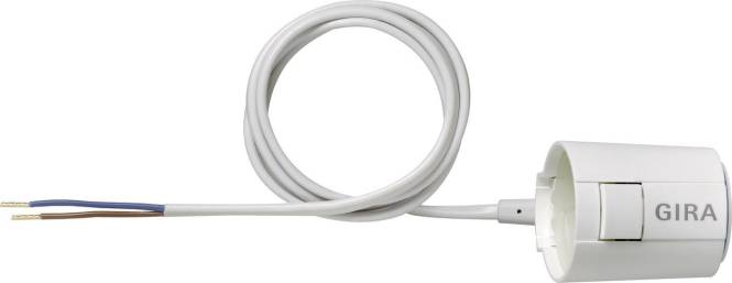 Ein ordentlich aufgerolltes weißes Kabel mit einem teilweise sichtbaren Ende, vor einem einfachen Hintergrund.