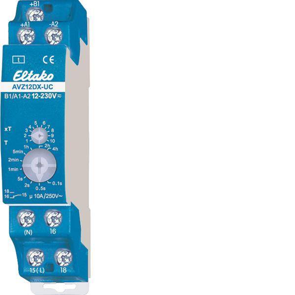 Ein weißer und blauer elektrischer Timer mit der Bezeichnung „Eltako AVZ12DX-UC