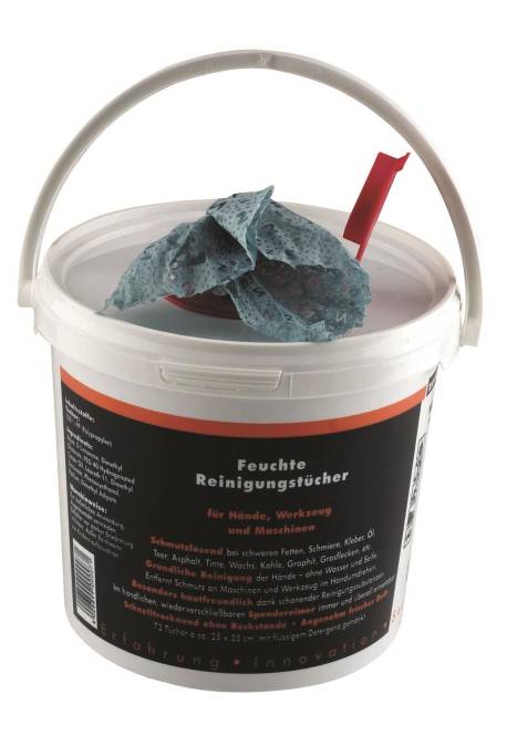 Behälter mit 'Feuchte Reinigungstücher' (Feuchttücher) mit Deckelöffnung und blauen Tüchern, die heraustreten, konzipiert für Hände, Werkzeuge und Maschinen.
