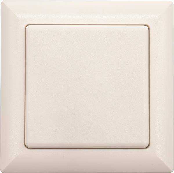 Ein beiger Lichtschalter mit einem einfachen, minimalistischen Design in der ausgeschalteten Position.