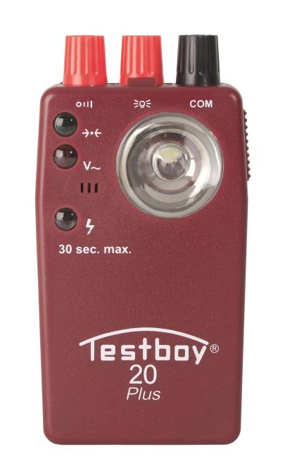 Ein rotes Spannungsprüfgerät mit einer Leuchtanzeige, mehreren Symbolen für Messfunktionen und der Aufschrift „Testboy 20