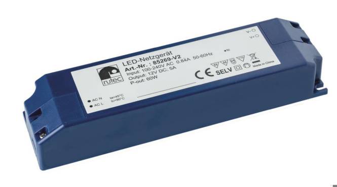 LED-Netzgerät Stromversorgung mit Modellnummer 85269-V2. Eingabe: 100-240V AC, Ausgabe: 12V DC, 5A, Max. Ausgangsleistung: 60W.