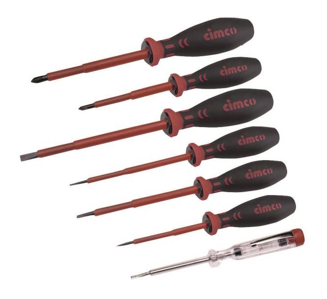 Ein Satz von sieben isolierten Schraubendrehern mit schwarzen und roten Griffen, in der Größenordnung angeordnet, mit enthaltenem Klartipp-Prüfschraubendreher.