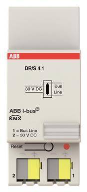 ABB i-bus DR/S 4.1 Geräteplan zeigt Busleitung-Verbindung mit Kennzeichnung '1 = Busleitung, 2 = 30 V DC'.