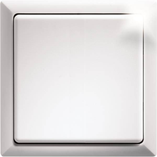 Ein schlicht weißer quadratischer Wandlichtschalter mit einem feinen Schatten in der oberen rechten Ecke.