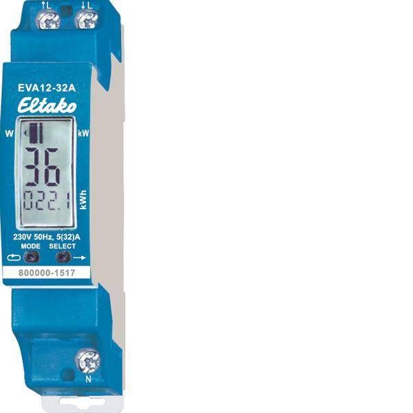 Ein blauer digitaler Stromzähler mit der Aufschrift „Eltako