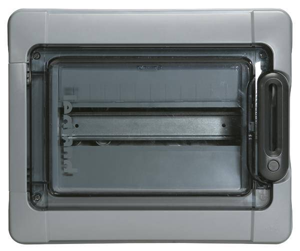 Ein graues Stromverteilerpanel mit transparenter Abdeckung, das einen leeren Innenraum zeigt, der für Leitungsschutzschalter bereit ist.