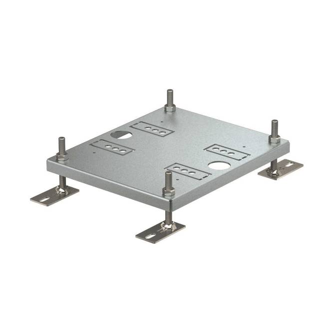 Verstellbare Metallbodenplatte mit vier Befestigungsplatten und Bolzen zur Strukturunterstützung.