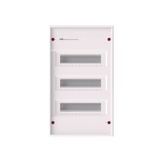 Ein elektrisches Verteilerpanel mit drei Reihen von Schutzschaltern, in einem weißen Gehäuse eingeschlossen.