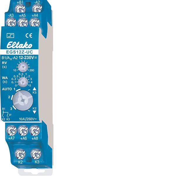 Abbildung eines Eltako EGS12Z-UC Relaismoduls mit beschrifteten Anschlüssen für Automatisierungs- und Steueranwendungen.