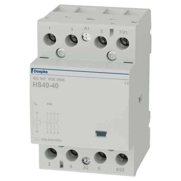 Ein weißes elektrisches Relais mit der Bezeichnung „IEC 947 VDE 0660, HS40-40
