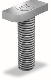 Ein Metallschraube mit flachem, geschlitztem Kopf und Gewellschaft, von der Seite betrachtet.
