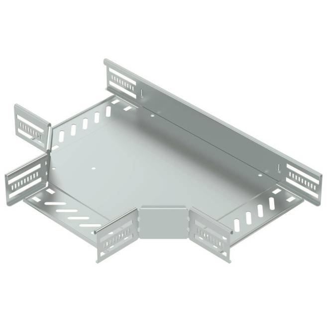 Metallischer Kabelkanal-Verbinder mit T-förmigem Design, ausgestattet mit belüfteten Seiten zur effizienten Organisation und Führung von Kabeln.