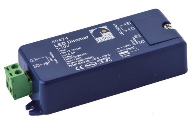 Ein LED-Dimmer mit Spezifikationen einschließlich „Eingabe: 12-24VDC