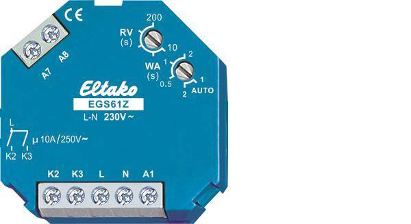 Blaues Elektrorelaismodul mit der Bezeichnung „Eltako ESR61Z