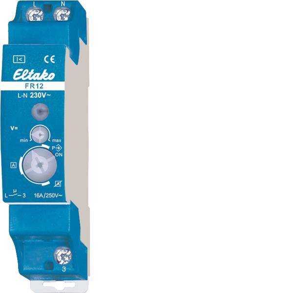Eltako FR12 Relaisschalter, blau und weiß, 230V. Mit einer Einstellscheibe zur Anpassung von Minimum bis Maximum. CE- und Frequenzeinstellungen sichtbar.
