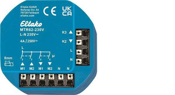 Eine blaue elektrische Komponente mit Anschlussklemmen mit den Bezeichnungen K3, K2, L, N, M1, M2. Die Zertifizierungen „CE