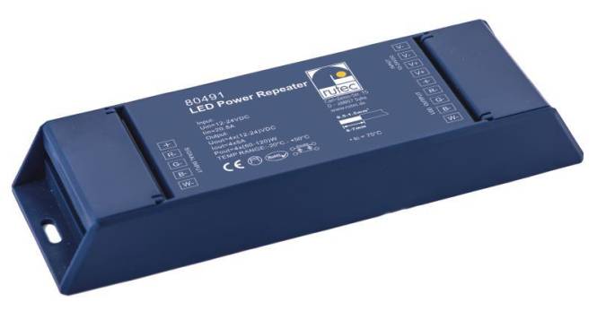 Ein blauer 'LED Power Repeater' von Rutec mit Modellnummer 80491, Eingang 12-24VDC, Ausgang 12-24VDC und maximaler Stromstärke 3x5A, in schräger Ansicht dargestellt.