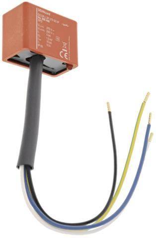 Gerät mit mehreren farbigen Drähten (gelb, blau, schwarz), die sich von einem rechteckigen orangefarbenen Stecker erstrecken, bereit für die elektrische Installation.