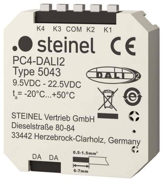 Ein Steinel PC4-DALI2 Sensormodul Typ 5043 für elektrische Installationen. Spannungsbereich: 9,5VDC-22,5VDC, Temperatur: -20°C bis +50°C.
