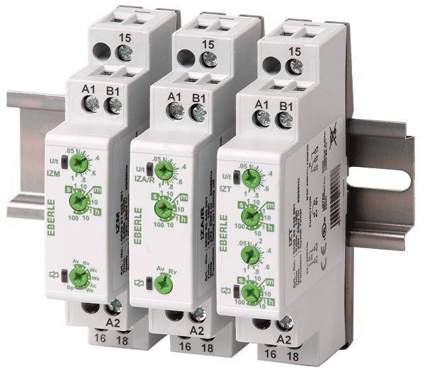 „Drei auf einer Schiene montierte Eberle-Relais, jeweils mit verstellbaren grünen Skalen, beschriftet für Spannung und Funktion, was auf industrielle Anwendung hinweist.