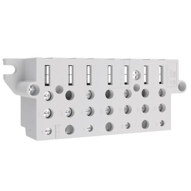 Ein graues elektrisches Klemmenblöckengehäuse mit zehn nummerierten Schraubklemmen für Drahtverbindungen, entworfen für Schaltkreismanagement und Organisation.