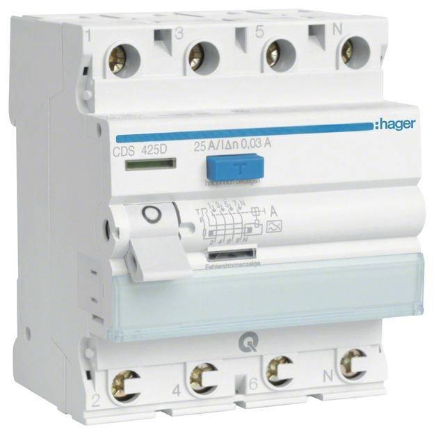 Hager Fi-Schalter 4polig 6kA 25A CDS425D 30mA Typ A QuickConnect Install.Baumaterial