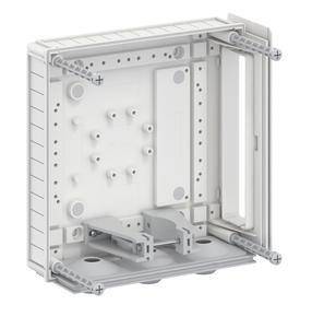 Ein weißes, rechteckiges elektrisches Wandgehäuse mit mehreren Schraubenlöchern und internen Stützen, das zum Gehäuse und zur Montage elektronischer Komponenten konzipiert ist.