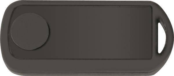 Eine schwarze Tür mit schlicht gestalteter Oberfläche, ausgestattet mit einem rechteckigen Paneel und einem runden Türknauf auf der linken Seite.