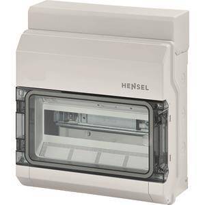 Eine weiße elektrische Verteilerdose mit transparenter Frontplatte und dem Markennamen „Hensel
