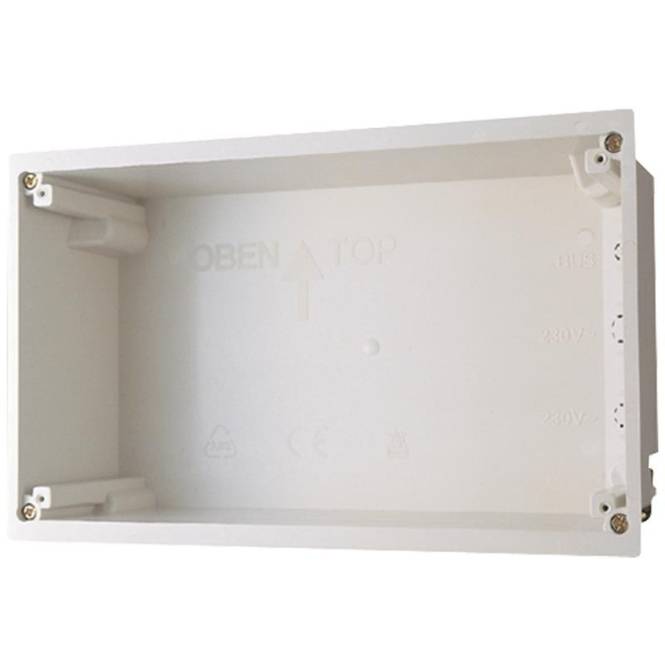 Rechteckige weiße Kunststoff-Elektrobox mit eingeprägtem Text 