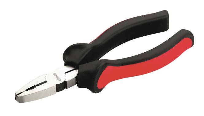 Ein Paar Seitenschneider mit roten und schwarzen Griffen, ausgelegt zum Schneiden von Drähten und Kabeln, mit sichtbaren metallenen Schneidkanten.