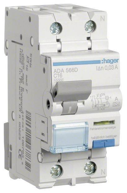 Hager Fi-LS 1P+N 10kA C-16A 30mA ADA566D Typ A Install.Baumaterial ZÃ¤hlerschr./Verteilg