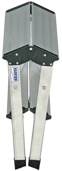 Eine Klappmetallleiter mit vier Abschnitten, von denen jeder Sprossen hat, in kompakter Position verriegelt. Der Markenname 'Krause' ist auf der Seite sichtbar.