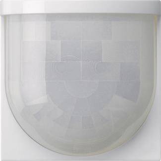 Ein weißer, kuppelförmiger Bewegungsmelder mit einem Gittermuster auf seiner Oberfläche, wahrscheinlich verwendet, um Bewegungen in einem Raum oder Bereich zu erkennen.