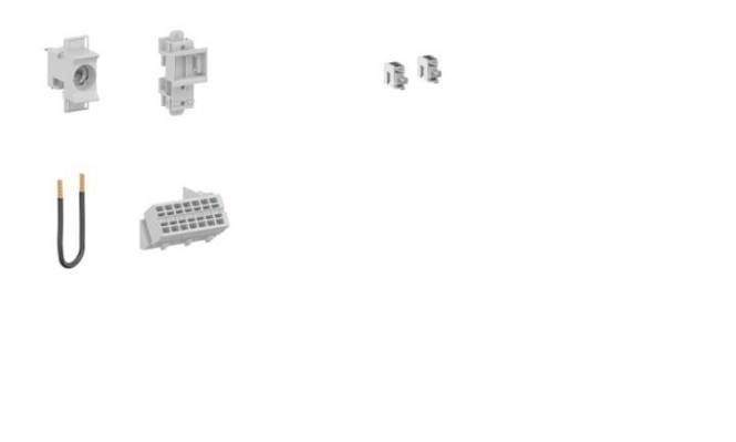 Komponenten eines elektrischen Klemmblocks, einschließlich Steckverbinder und Befestigungsteile, werden auf weißem Hintergrund gezeigt.