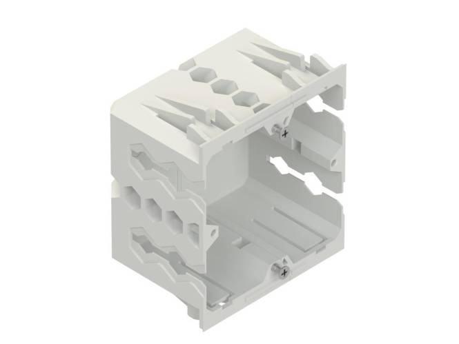 Ein weißes, quaderförmiges modulares Klemmblock mit mehreren Anschlussöffnungen, das zum Montieren und Sichern von Stromkreisen verwendet wird.
