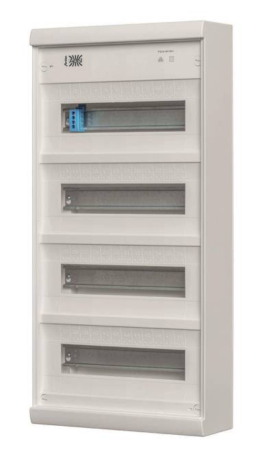 Elektrisches Schaltfeld mit fünf leeren Steckplätzen, von denen einer einen blauen Leitungsschutzschalter enthält, konzipiert für die Installation zusätzlicher Schutzschalter.