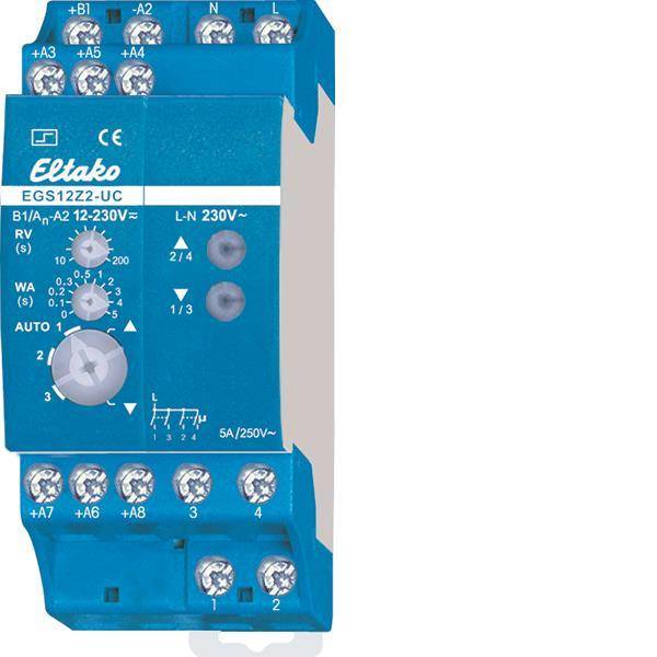 Blaues elektrisches Relaisgerät der Marke Eltako mit beschrifteten Anschlüssen. Zeigt Ein-/Ausgangsspezifikationen: „12-230V