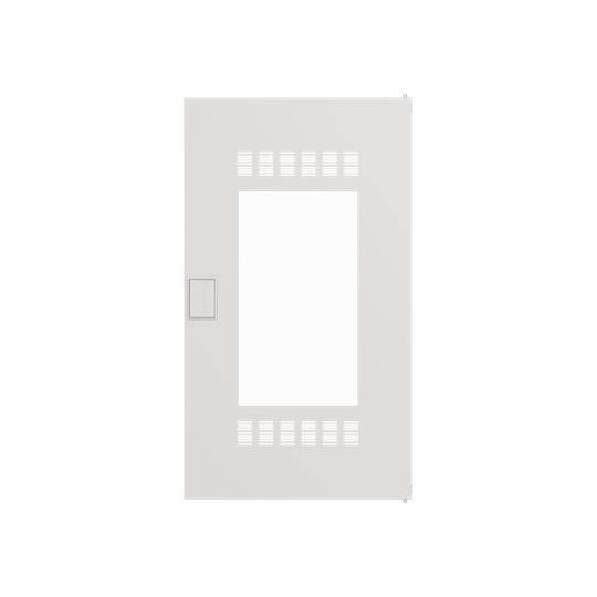 Eine weiße Tür mit einem rechteckigen Fenster und Lüftungsschlitzen oben und unten. Ein Griff befindet sich auf der linken Seite.