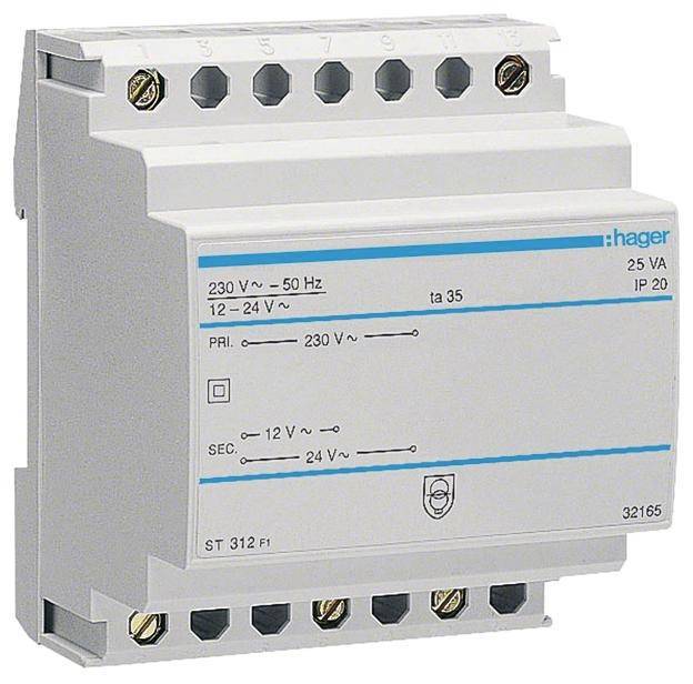 Hager Sicherheitstrafo 230V/12V ST312 u.24V 25VA 4PLE Install.Baumaterial ZÃ¤hlerschr./Verteilg