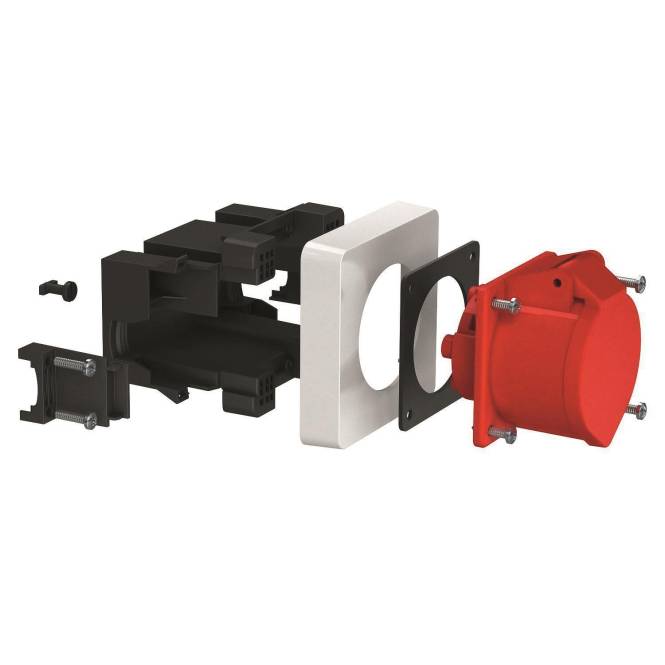 „Explosionszeichnung eines Montagebausatzes zur Verwendung mit elektrischen Steckdosen, die alle einzelnen Komponenten für Installationsklarheit zeigt.