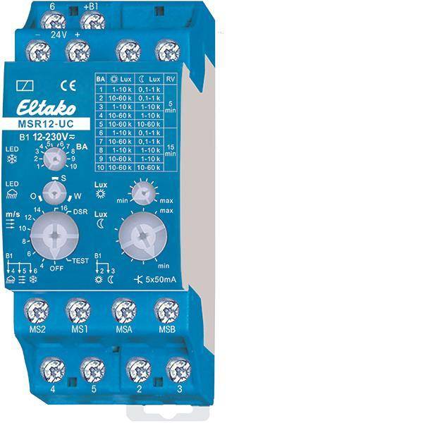 Ein elektronisches Relaismodul mit verschiedenen Knöpfen und Schaltern, die für Einstellungen gekennzeichnet sind. Das Modell ist mit „Eltako MSR12-UC